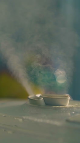 cu: modern air ionizer with wet steam cloud used to humidify air and neutralize bacteria in light room extreme close view