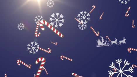 Snowflakes-and-candy-cane-icons-falling-against-santa-claus-in-sleigh-being-pulled-by-reindeers