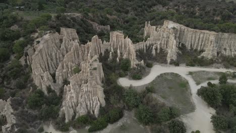 pan across fantasy tourism landscape of eroded sandstone hoodoos