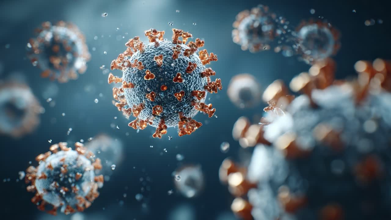 Stunning Visualization of Viral Structures in Motion: An Intricate Close-Up of Pandemic-Related Pathogens Captured in High Definition, Showcasing Their Complex Features