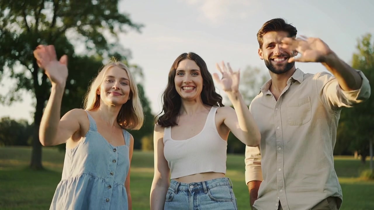 Virando-se para a câmera, amigos acenam e sorriem em um parque gramado, cumprimentando com roupas casuais durante a hora dourada.