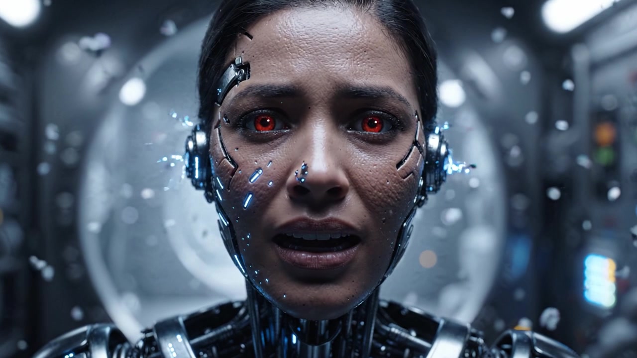 Un robot umanoide futuristico con pelle sintetica e occhi rossi luminosi, che esprime una gamma di emozioni su uno sfondo di macchinari high-tech e detriti