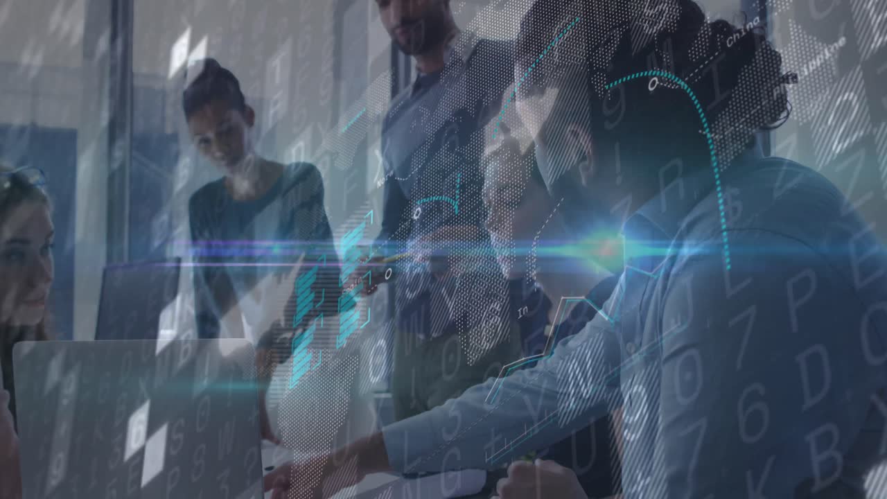 Animation of financial data processing over diverse business people in office