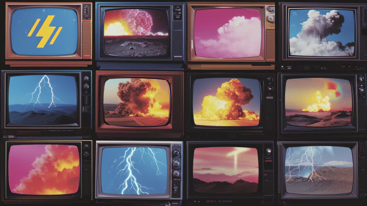 Footage of a grid of vintage CRT televisions displaying lightning strikes, mushroom clouds, and fiery explosions, creating a dramatic media montage and crisis concept