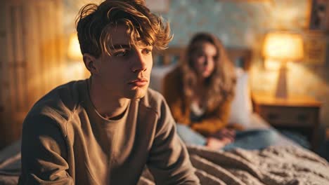 a young couple sits in a bedroom, seemingly contemplating relationship difficulties