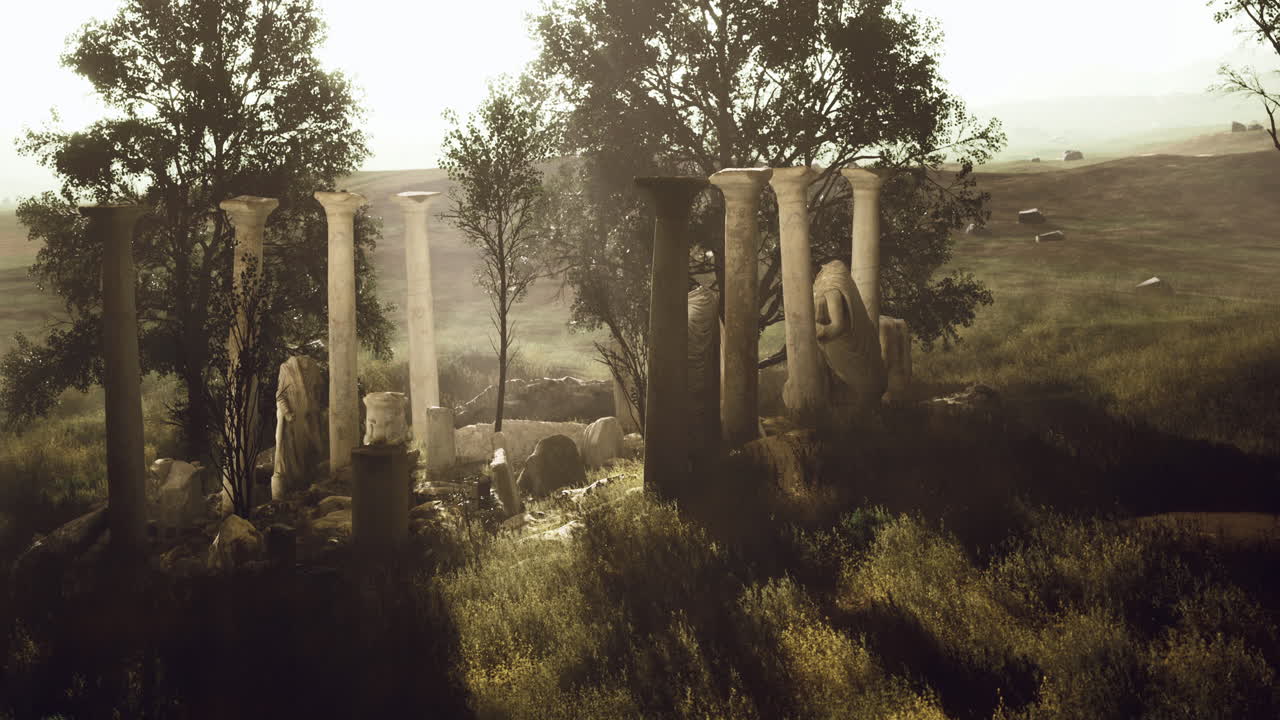 Ancient pillars stand tall amidst lush greenery in a serene landscape