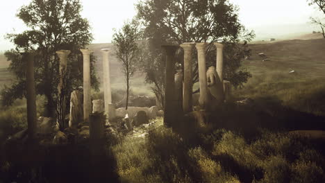 ancient pillars stand tall amidst lush greenery in a serene landscape