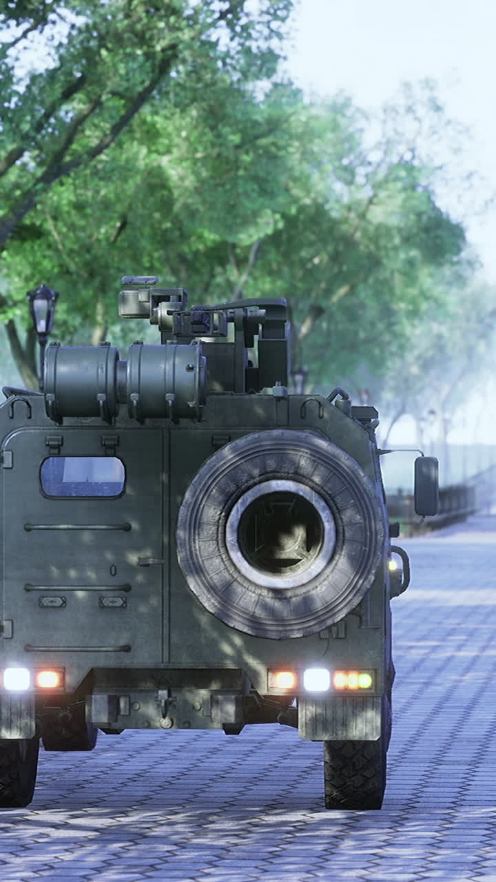 Military vehicle makes its way down a serene park path in daylight