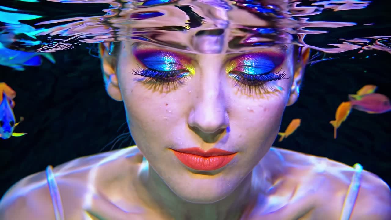 maquillaje de neón iluminando el rostro de la mujer mientras flota bajo el agua, rodeado de peces iridescentes, creando una escena de belleza submarina de ensueño con una vibrante expresión artística