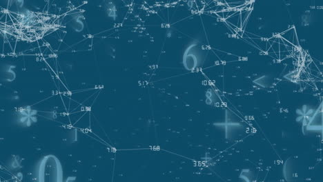 mathematical symbols moving against network of connections