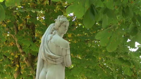 a naked statue behind leaves shows his butt