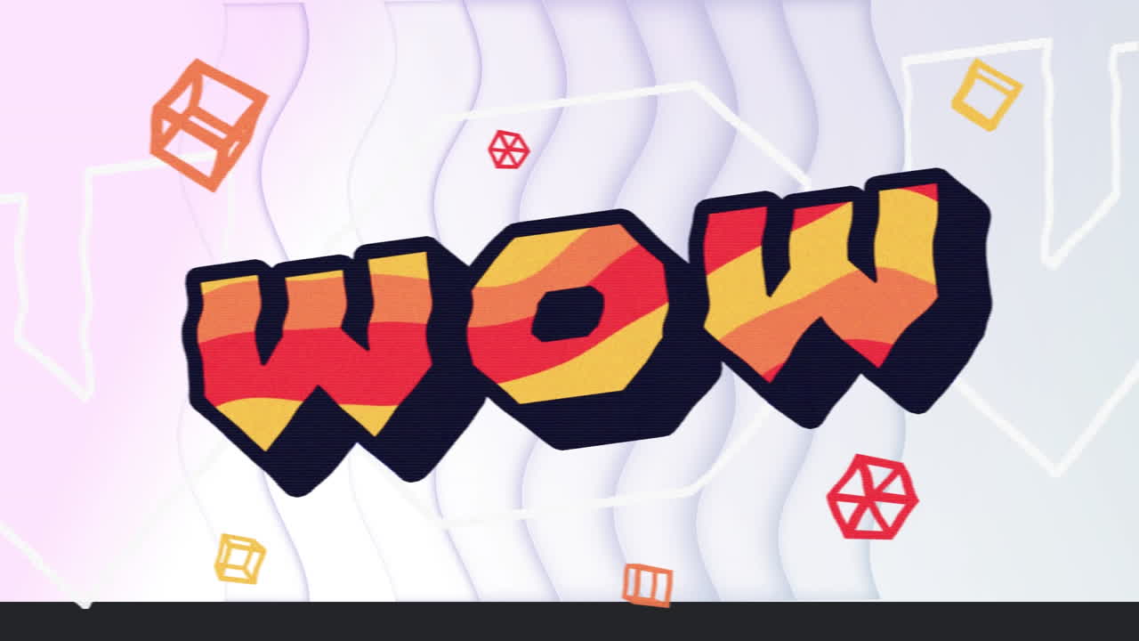 오렌지색과 빨간색으로 물결 모양의 선과 희미한 배경에 움직이는 모양의 와우 텍스트의 애니메이션