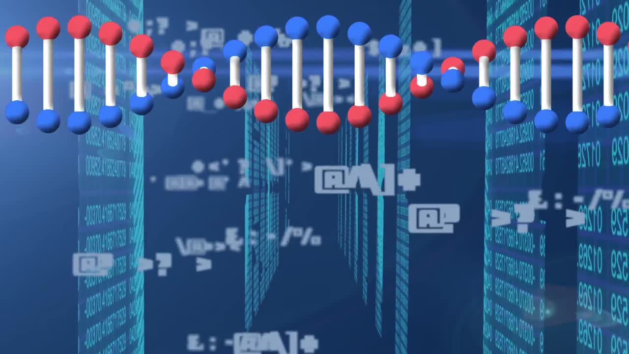 animación del procesamiento de datos y la cadena de adn en fondo azul
