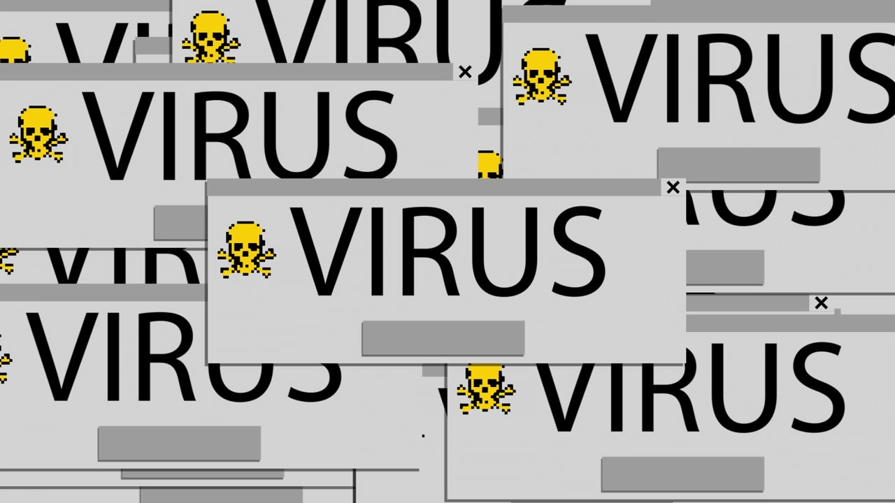 Tietokonekuvakkeiden ja virustekstien animaatio.