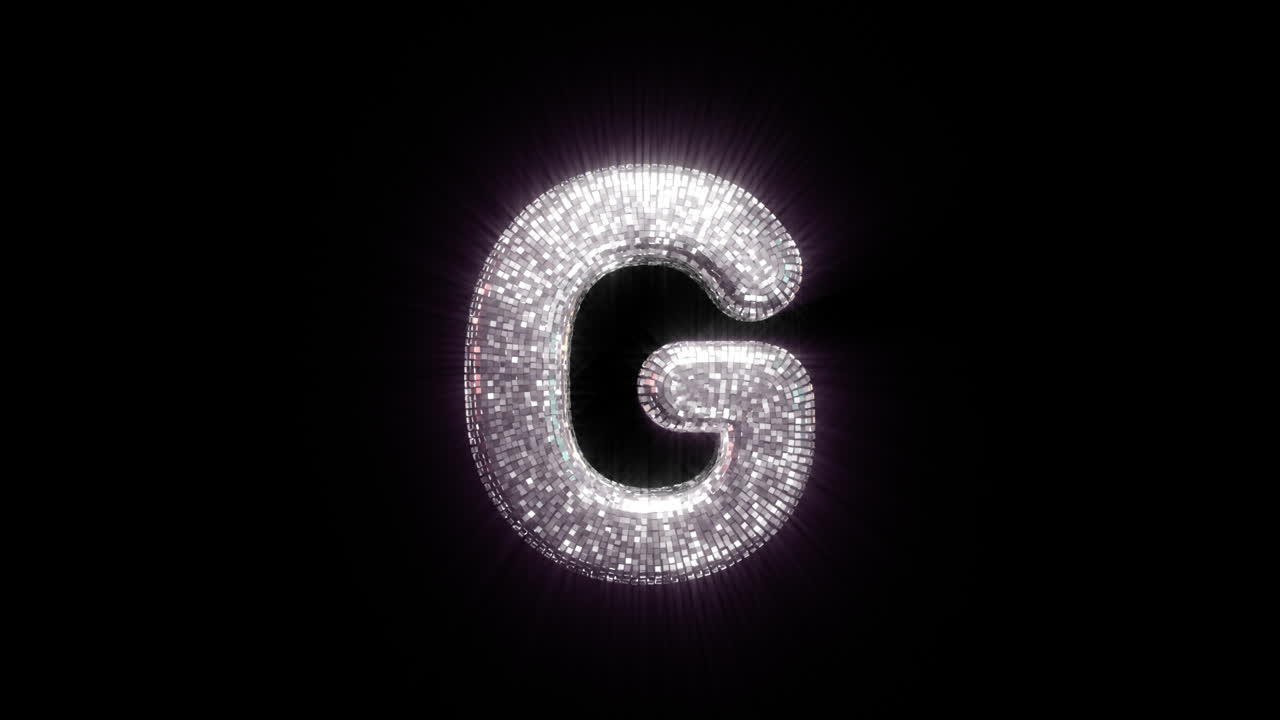 Lettera G a sfera da discoteca scintillante su sfondo nero