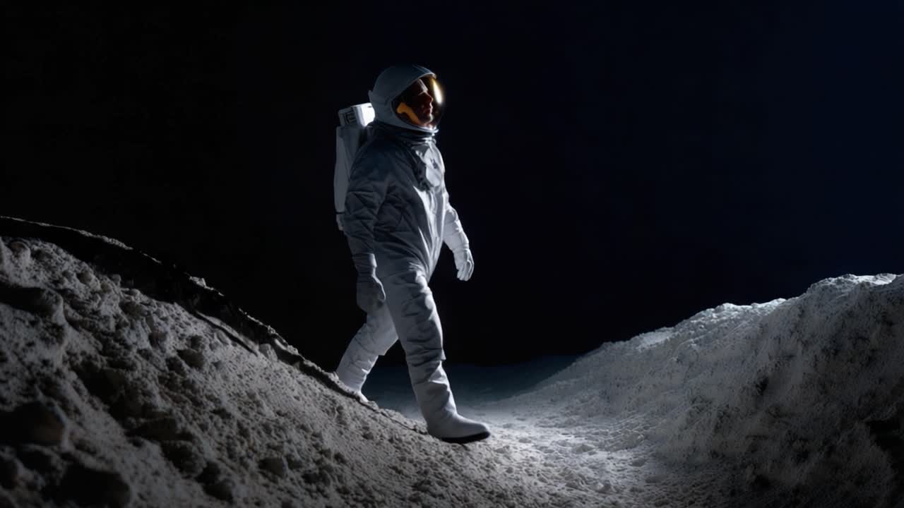 Ein Astronaut erkundet eine Mondlandschaft bei schwachem Licht, wirft Schatten auf die Mondoberfläche, während er durch natürliche Formationen in einer jenseitigen Szene navigiert.