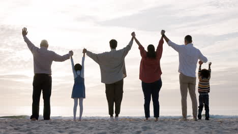 family, silhouette and holding hands at the beach