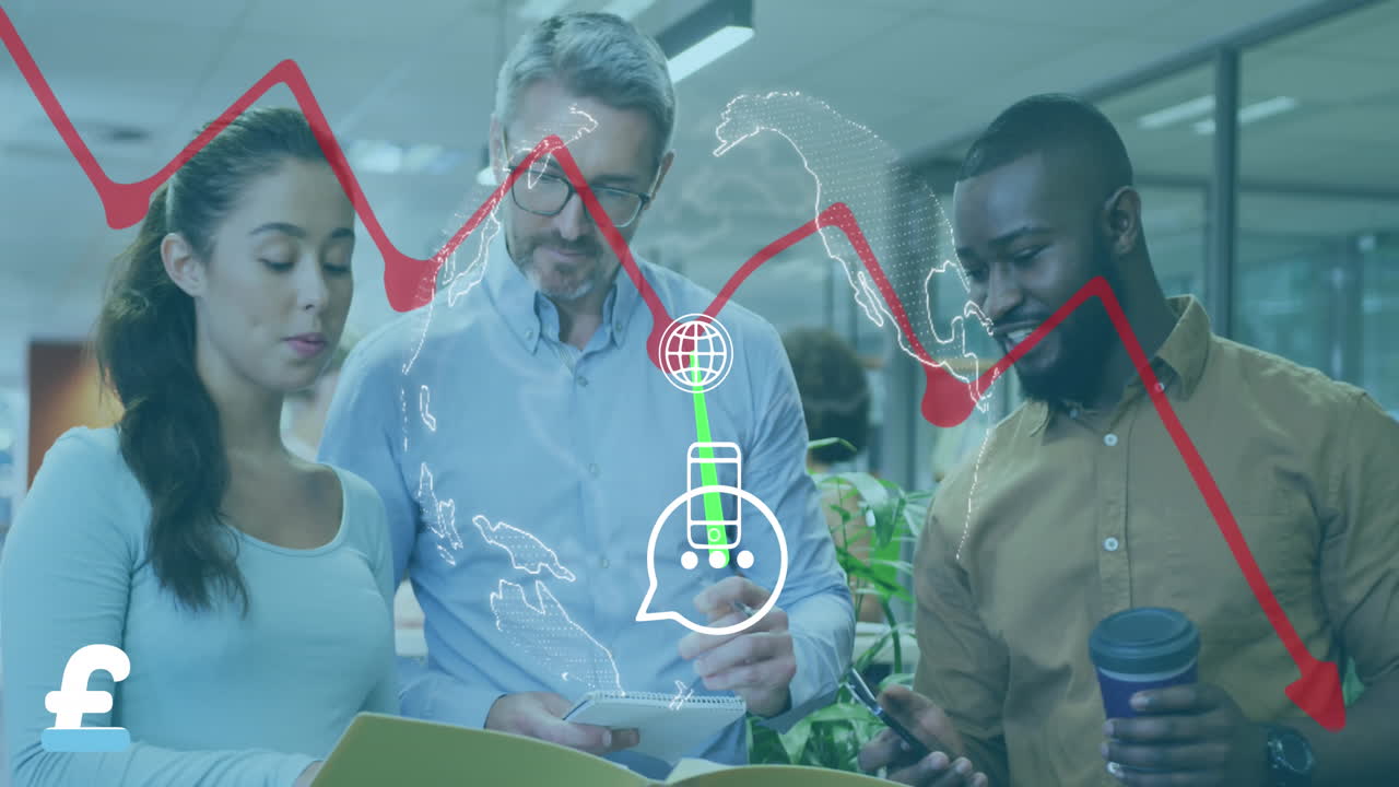 Animation of globe, line graph and social media icons over diverse colleagues discussing report