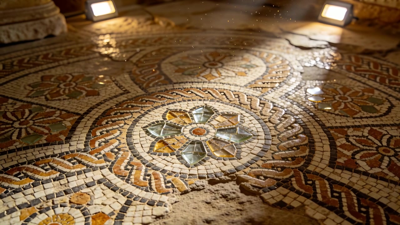 Luci di lavoro mobili che illuminano una rosetta di vetro su pavimento a mosaico in un sito per lo studio, mostrando sabbia e polvere