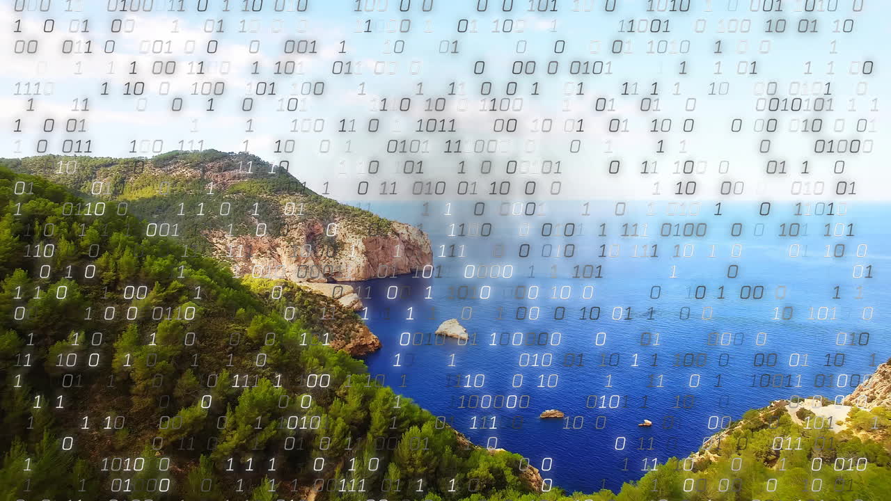 Binary code animation over scenic coastal landscape with lush greenery and ocean