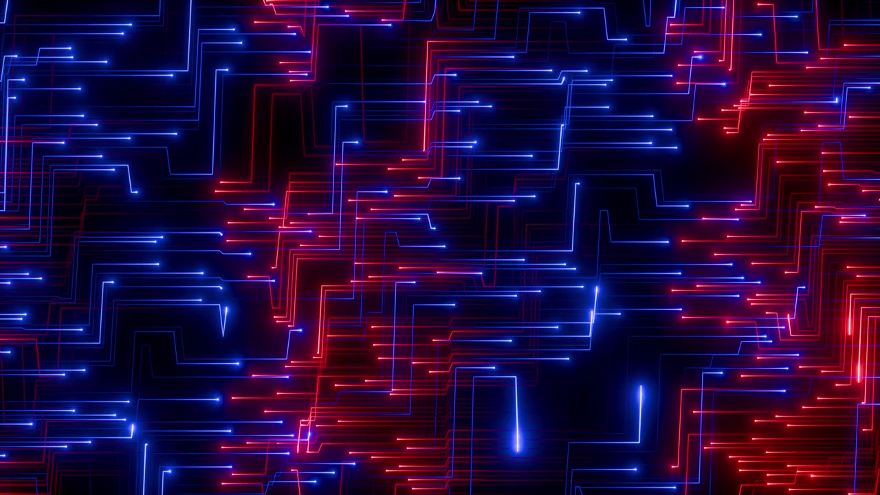 Abstract digital data stream with glowing blue and red lines