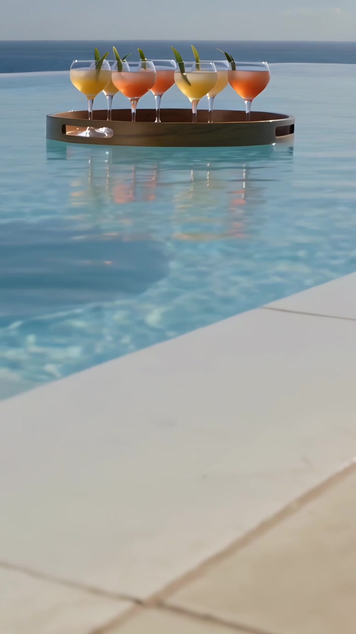 Vertical video: Floating tray rocking from ripples at pool, view moving in to show six glasses