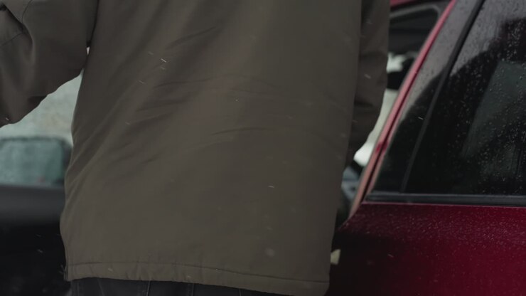 Close up of man wearing winter jacket entering red car with water droplets covering windows and snowy environment in background, capturing realistic cold weather movement and seasonal activity