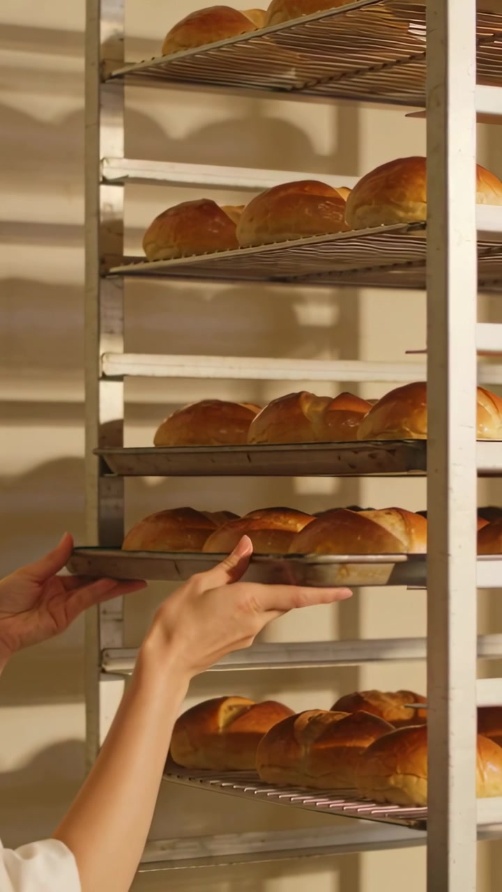 Vertical video: Coming from left baker in long-sleeve sliding tray into rack storing buns at bakery