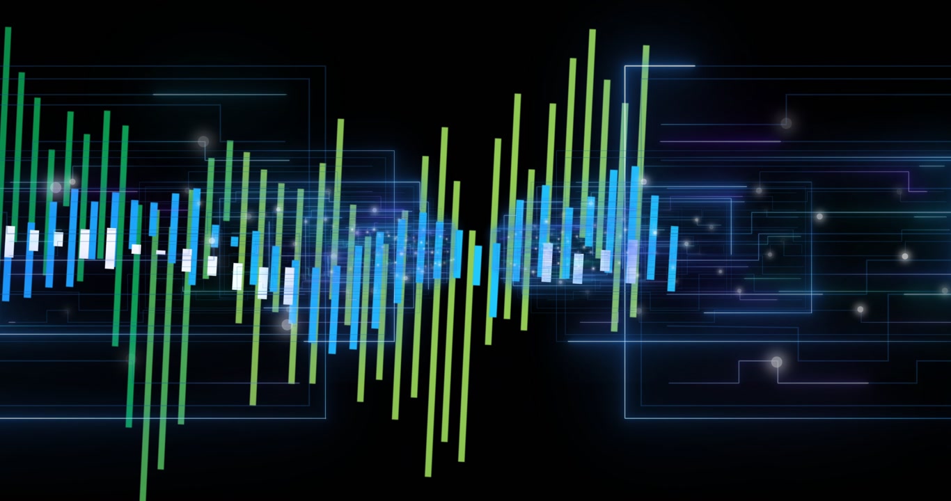 Colorful bars emerging left rising forming waveform bridging gap, neon grid pulsing showing data