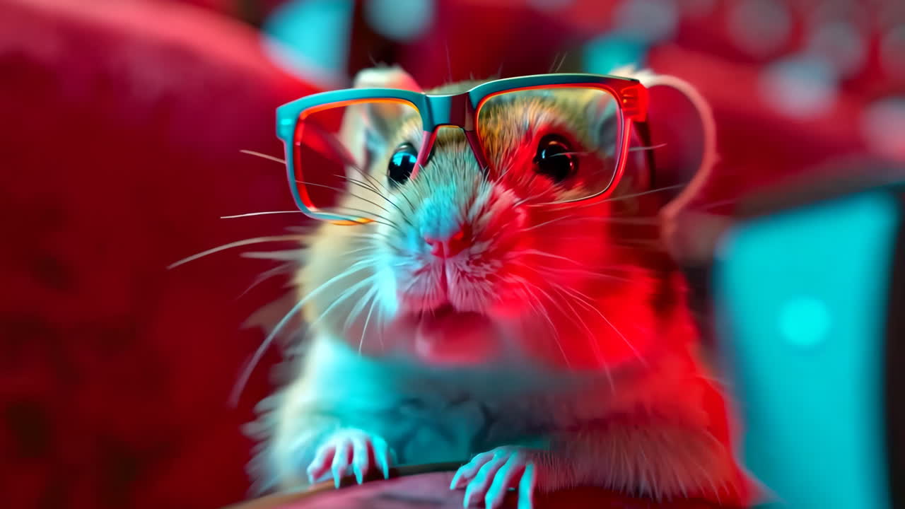 A hamster wearing glasses is looking at the camera. The image has a playful and lighthearted mood, as the hamster is dressed up in a funny outfit