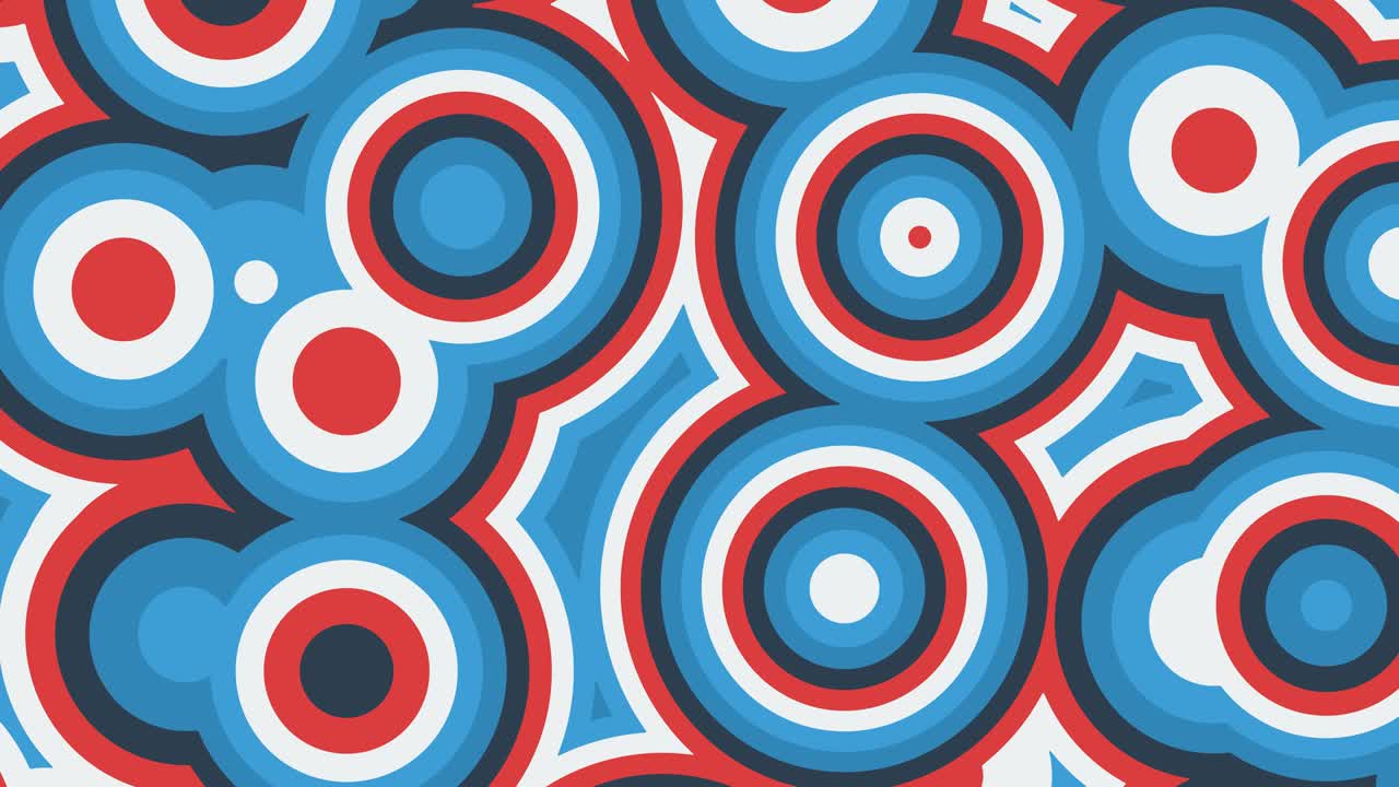 Abstract animation of colorful red, blue and white moving round shapes. Seamless loop animated background, wallpaper.