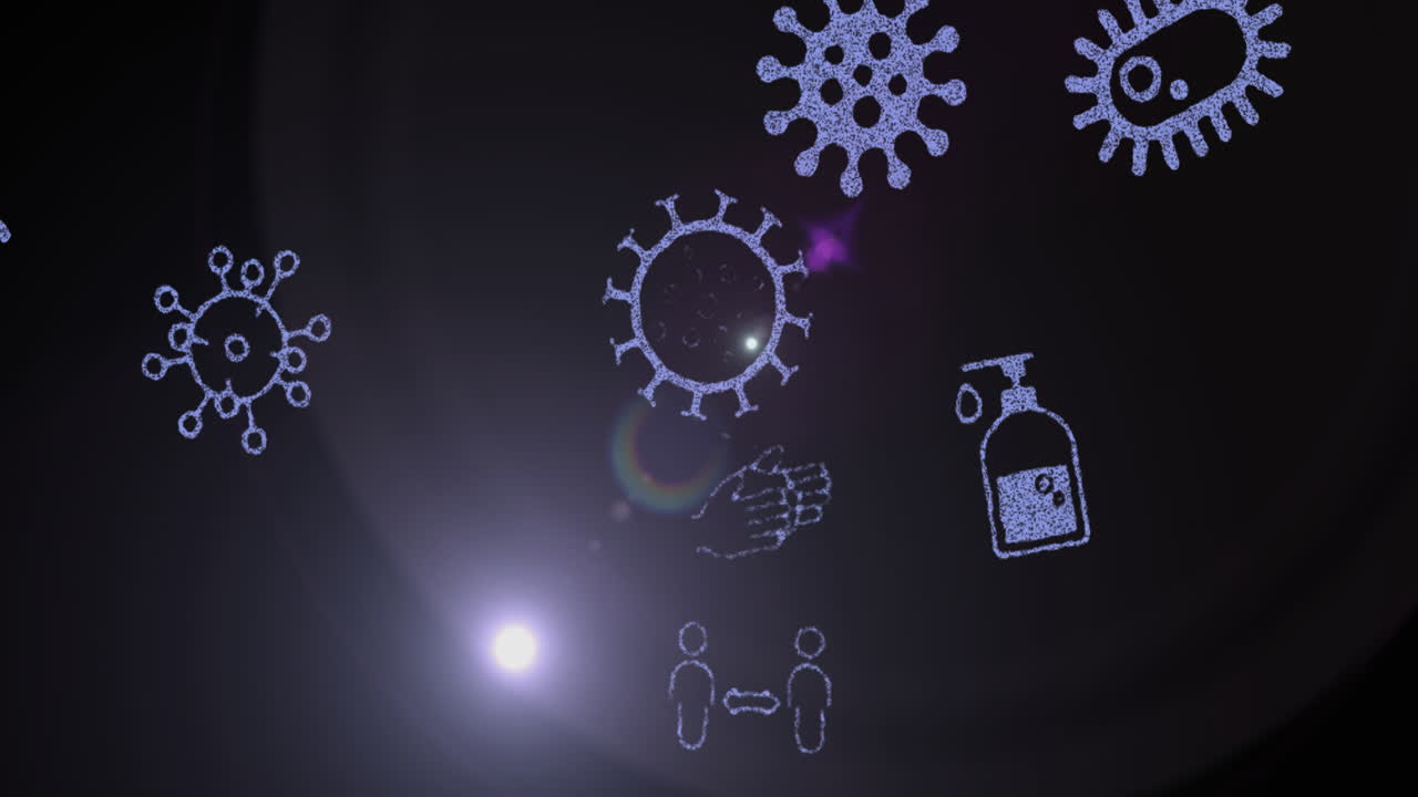 Animation of virus prevention icons with mask, sanitizer, and social distancing symbols