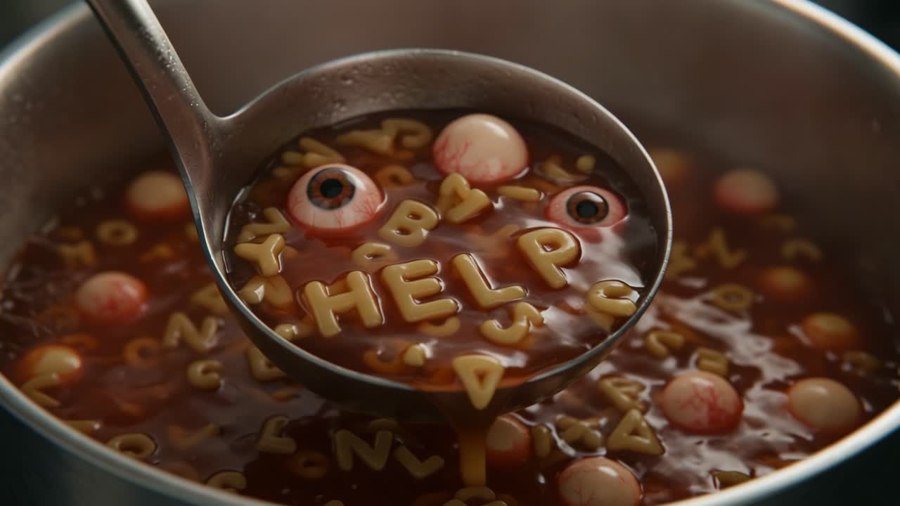 A Disturbing Scene in a Pot: Spooky Soup Featuring Floating Eyeballs and Alphabet Pasta Spelling 'HELP' Captivates the Viewer with Its Eerie Charm