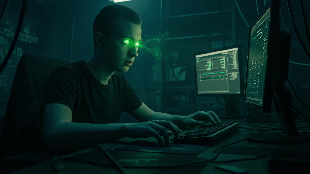 Young programmer with glowing green eyes intensely typing on a keyboard in a dark room, possibly working late at night on a complex project