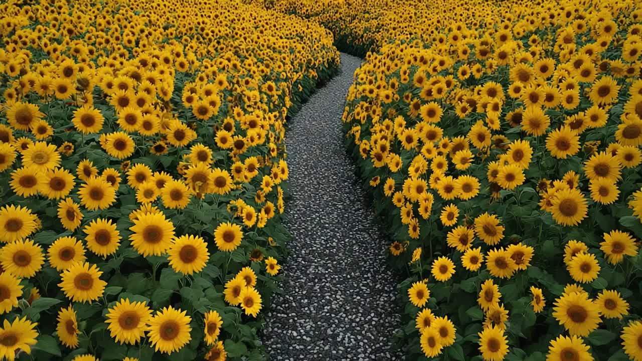 A Serene Pathway Through a Vibrant Field of Sunflowers, Showcasing Nature's Beauty Along a Winding Trail Surrounded by Lush Greenery Under the Bright Sky