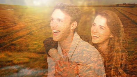 laughing couple embracing over golden field at sunset, animation of happiness and love