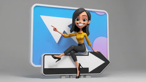 3d cartoon woman pointing on directional arrow sign