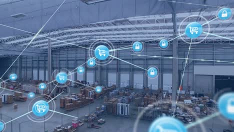 animation of network of digital icons against aerial view of warehouse