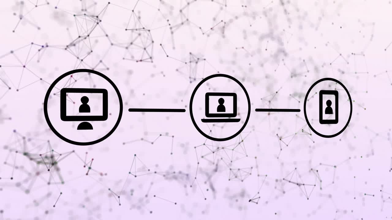animación de tres iconos de interfaz de computadora digital negros con estructura de plexo en el fondo