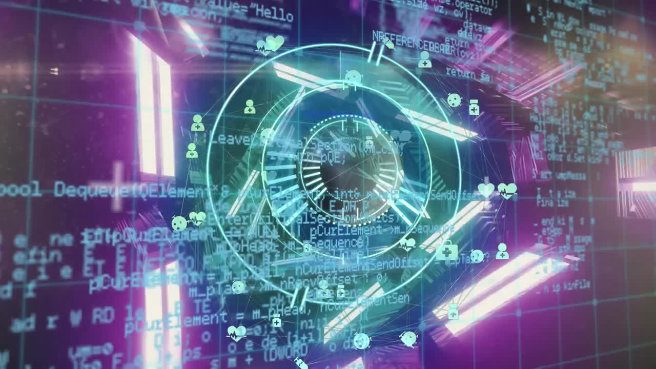 Animation of scope scanning with icons over data processing with neon lights on black background