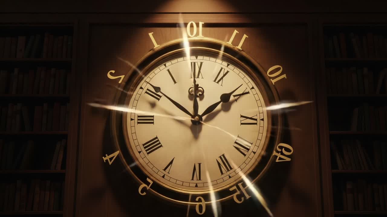 A Stunning Close-Up of an Elaborate Clock in a Library Setting, Capturing the Beauty of Time with Golden Roman Numerals and a Timeless Charm that Exudes Elegance and History