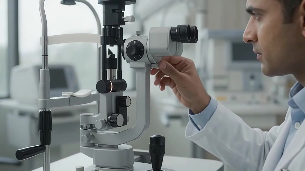Ophthalmologist Examining Patient Eye with Slit Lamp Microscope