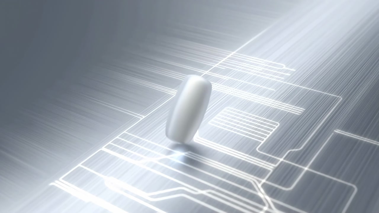 Upright capsule settling on illuminated circuit traces across brushed metal plane under cool directional light, showing rotation from sideways pose into stable vertical stance