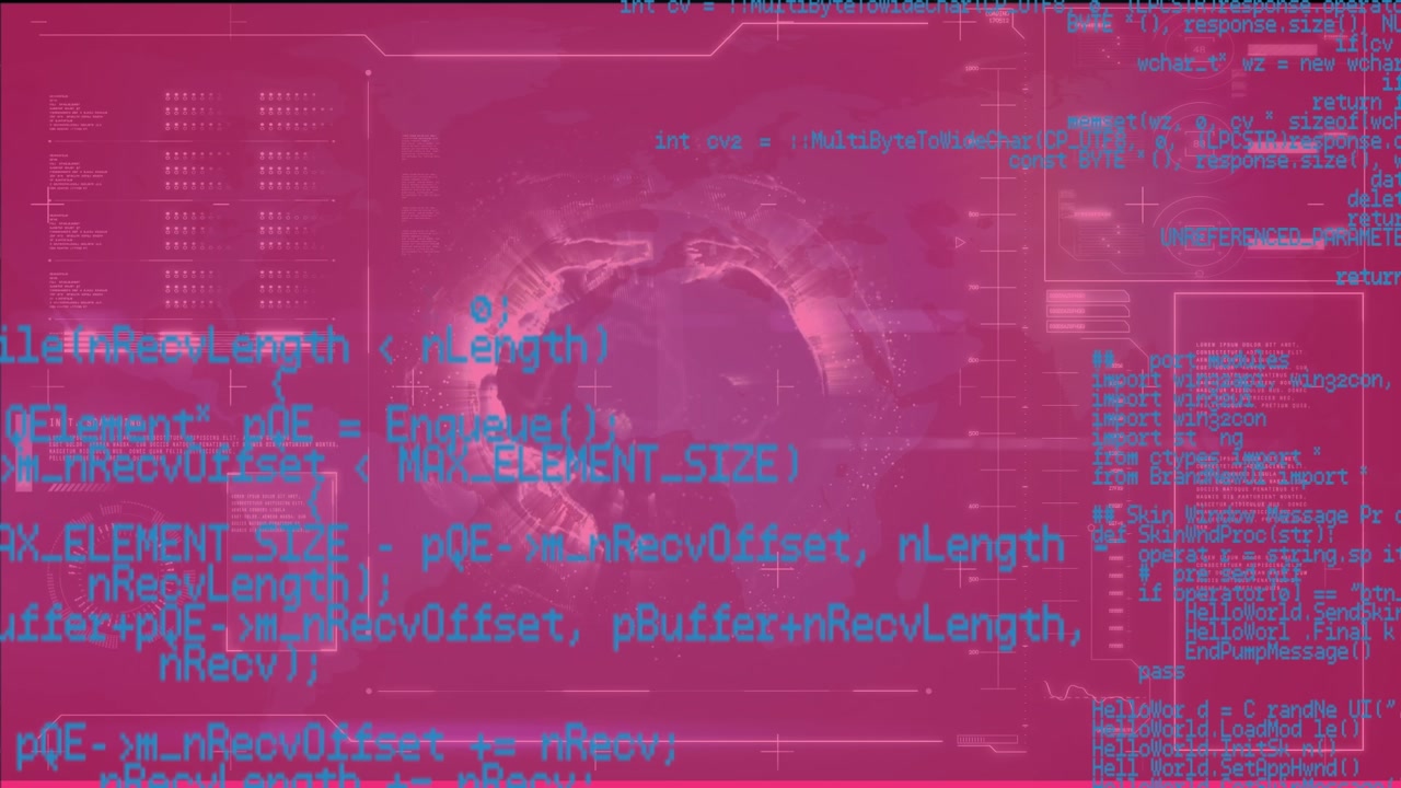 Digital interface with spinning globe and data processing against pink background