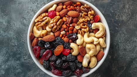 un plato de mezcla de almendras, caju, nueces, arándanos secos, pasas y otras frutas secas