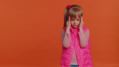 girl kid rubbing temples to cure headache problem, suffering from tension and migaine, stress, pain