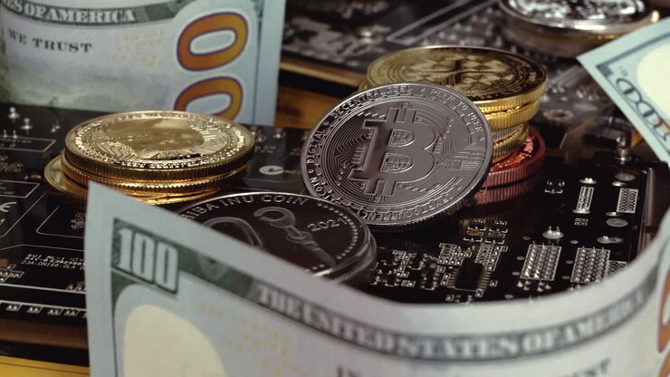 Composizione con bitcoin in criptovaluta dorati e argentati, dollari e schede di mining per computer grafica