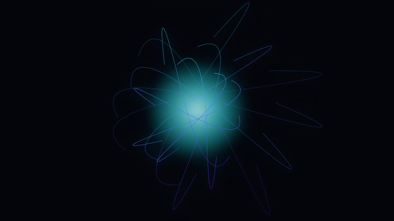 Abstract Glowing Atom Model Rotating on Dark Background