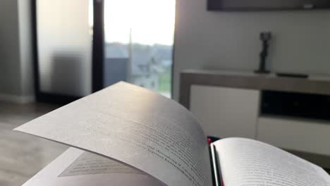 open book on the background of bright window window window, large glass surface and falling rays of sun - slow motion