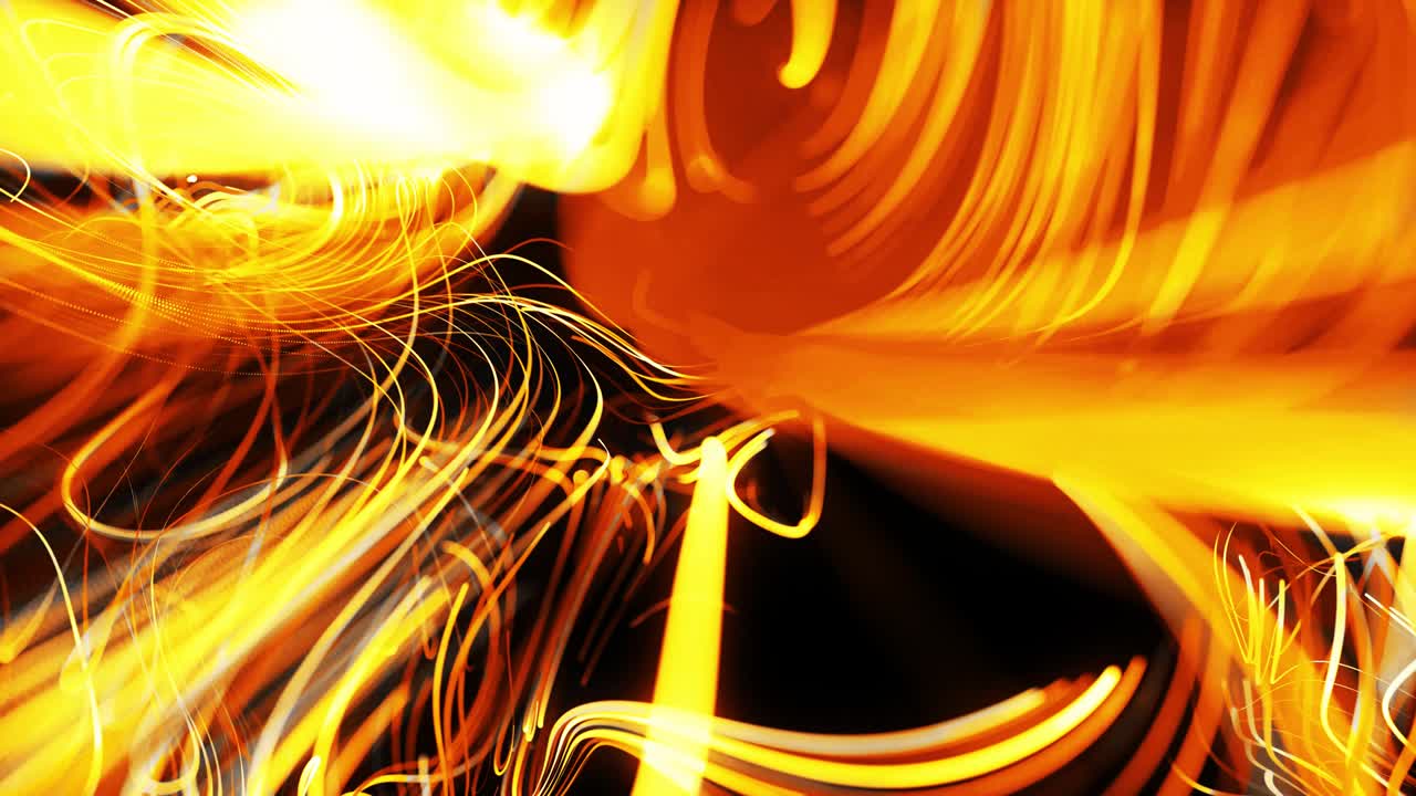 el flujo de partículas forma líneas amarillas rizadas como senderos de luz brillante, las líneas forman un patrón giratorio como ruido de rizado. animación 3d abstracta como fondo festivo creativo brillante. líneas rápidas de luz